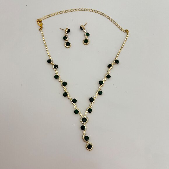 Gold-Plated Emerald  Green Crystal Necklace & Earrings‎ Jewelry Set Formal - Picture 1 of 4